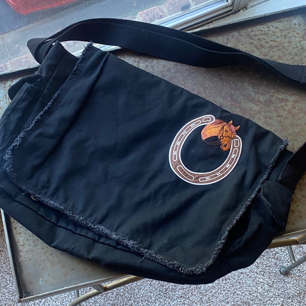 Authentic Pigment Black Canvas Messenger Bag with Brown Horse Embroidered